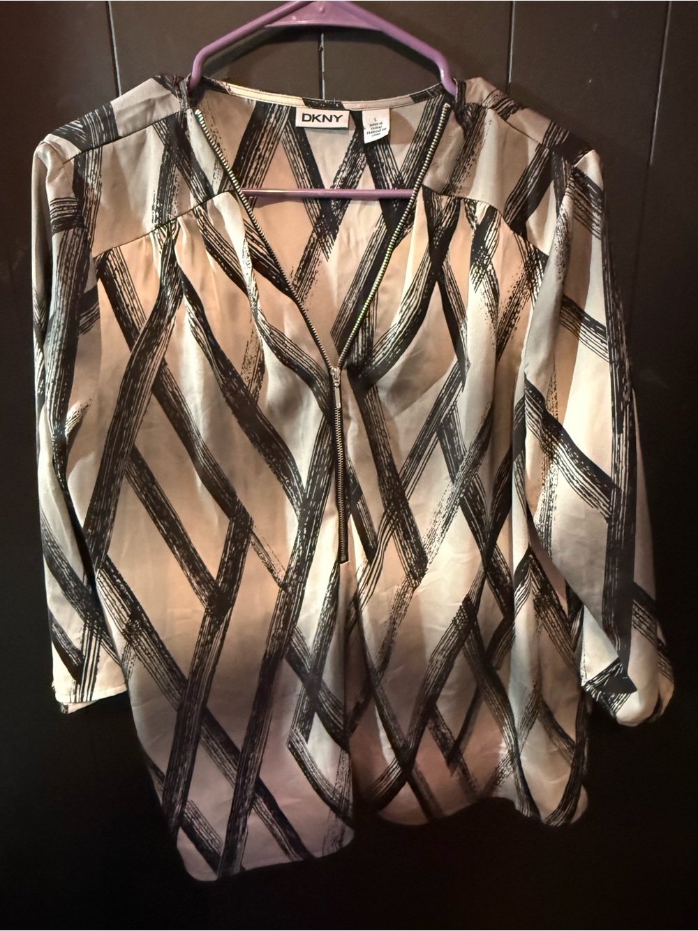 DKNY Cream and Black Brushstroke Zip-Front Blouse